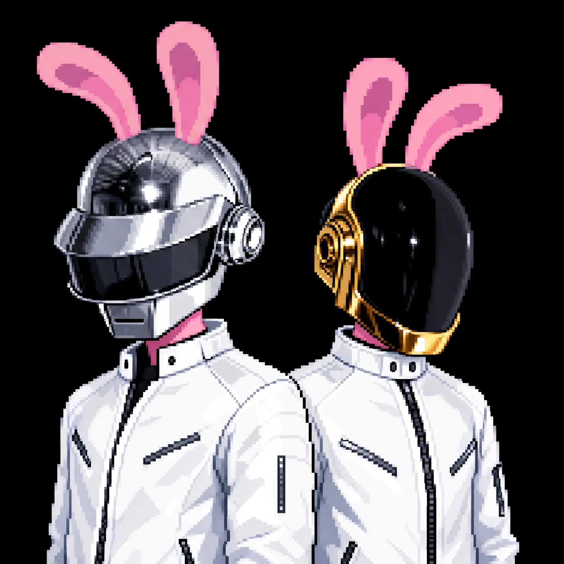 Two DaftPunks.Exe characters in chrome and gold helmets with pink rabbit ears, wearing white technical jackets