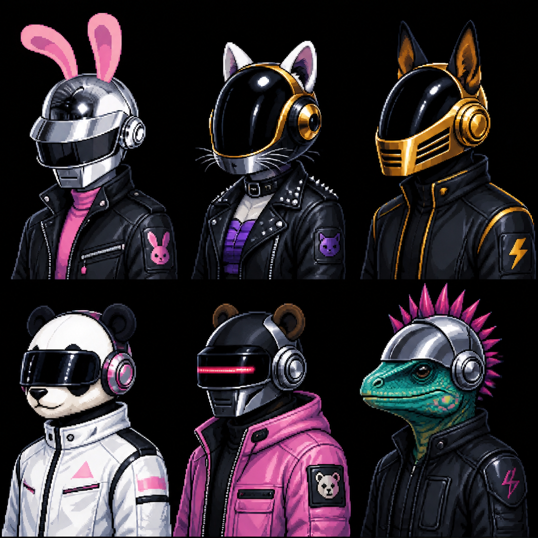 Preview sheet of six DaftPunks.Exe pixel-art characters in animal-eared cyberpunk helmets and technical jackets